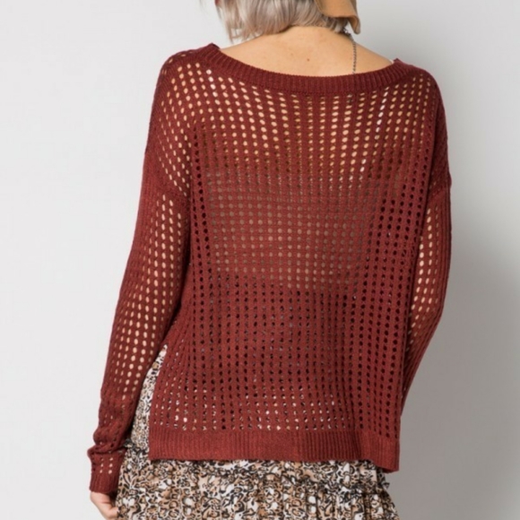Mahogany Lattice Open Knit Hi-Lo Side Slit Sweater - Picture 6 of 6